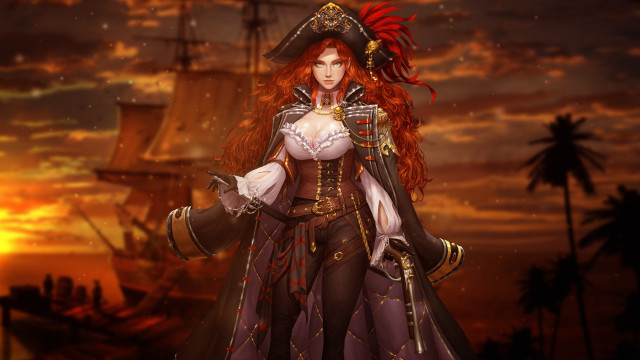 Pirate woman sunset ship embers free wallpaper for desktop - medium preview image