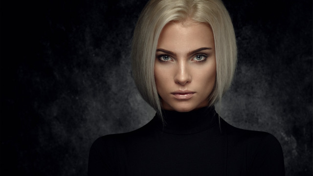 Blonde woman blue eyes black #2 free wallpaper for desktop - medium preview image