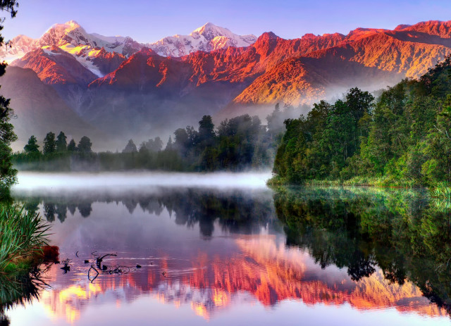 Lake mountains foggy sky ducks free wallpaper for desktop - medium preview image