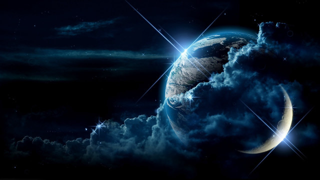 Blue planet crescent stars space free wallpaper for desktop - medium preview image