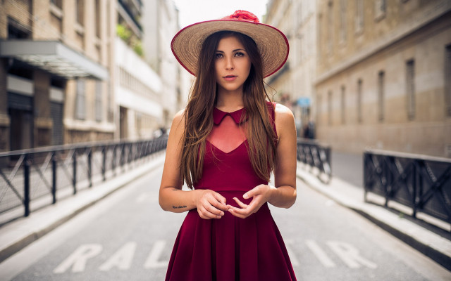 Woman red dress hat street free wallpaper for desktop - medium preview image