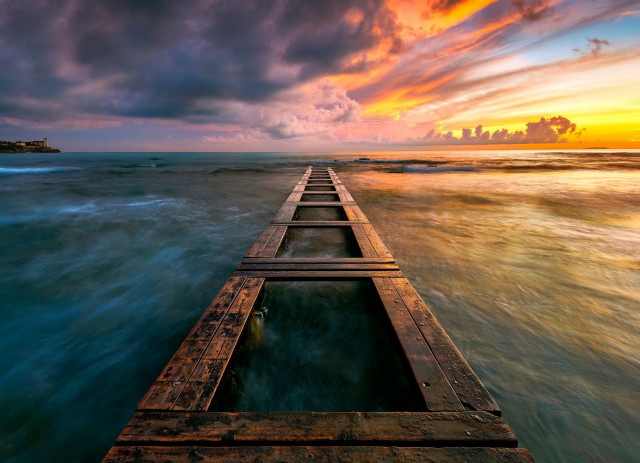 Sunset dock ocean colorful sky free wallpaper for desktop - medium preview image