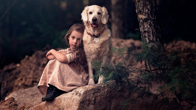 Little girl dog woods forest free wallpaper for desktop - medium preview image