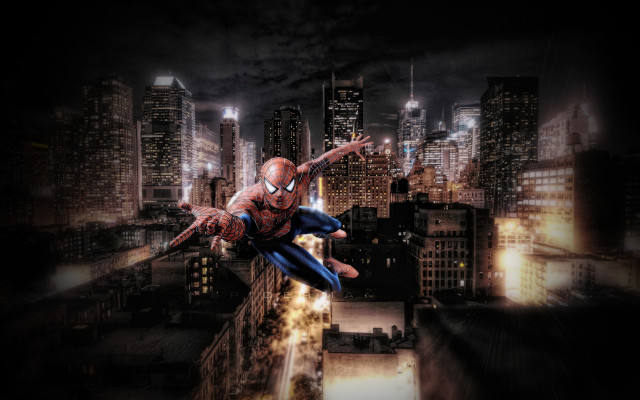 Spiderman city night skyline architecture free wallpaper for desktop - medium preview image