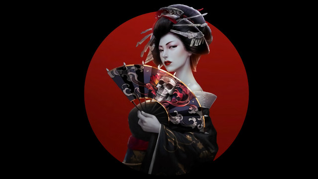 Geisha fan redcircle blackbackground detailed free wallpaper for desktop - medium preview image