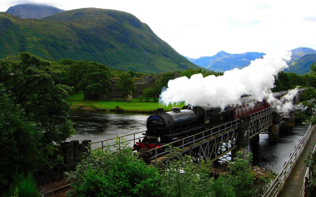 Train bridge steam mountains lake free wallpaper for desktop - medium preview image
