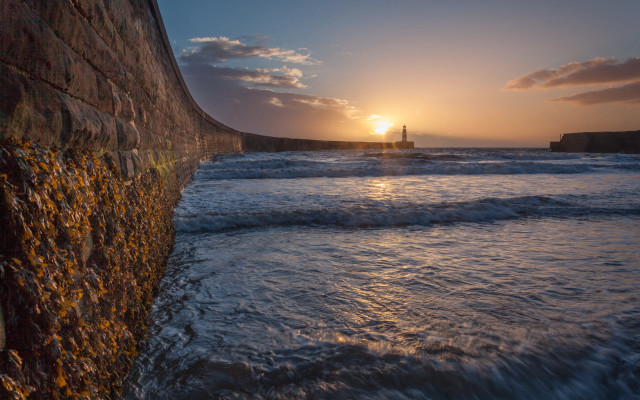 Sunset ocean waves lighthouse cloudy #2 free wallpaper for desktop - medium preview image