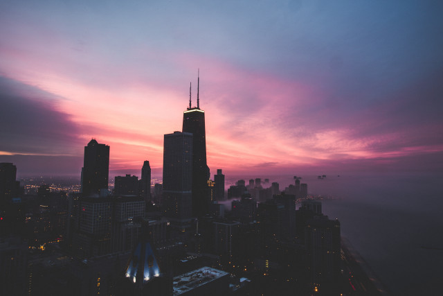 City skyline dusk purple pink free wallpaper for desktop - medium preview image