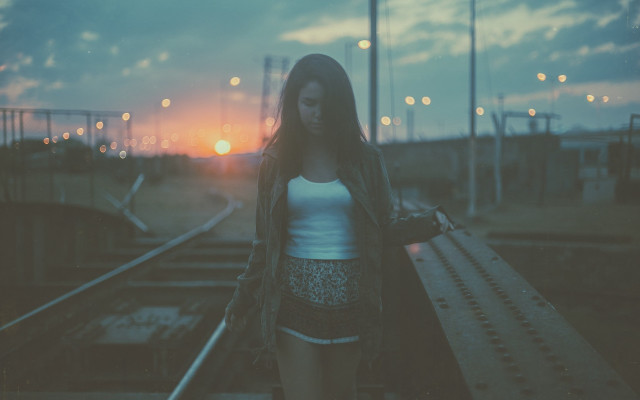 Woman sunset traintrack suitcase outstretched free wallpaper for desktop - medium preview image