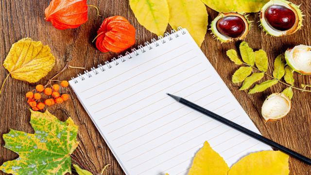 Notepad pen wooden table autumn free wallpaper for desktop - medium preview image