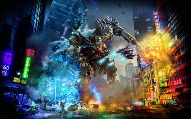 Futuristic city giant robot neon free wallpaper for desktop - medium preview image