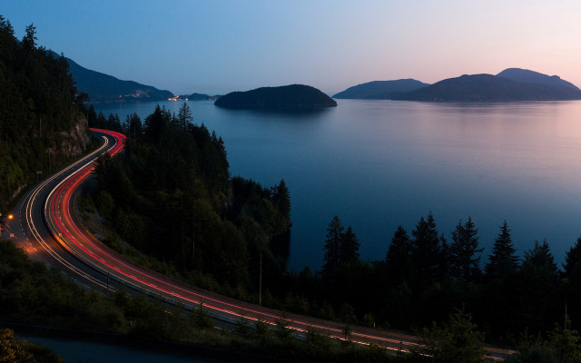 Highway lake night mountain forest free wallpaper for desktop - medium preview image