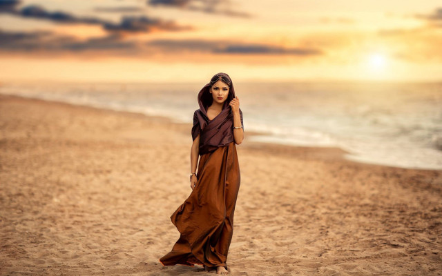 Woman beach dress sunset ocean free wallpaper for desktop - medium preview image