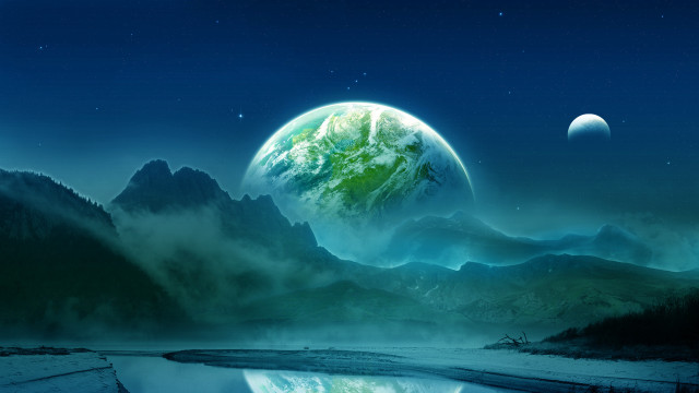 Planet mountains lake moon aurora free wallpaper for desktop - medium preview image