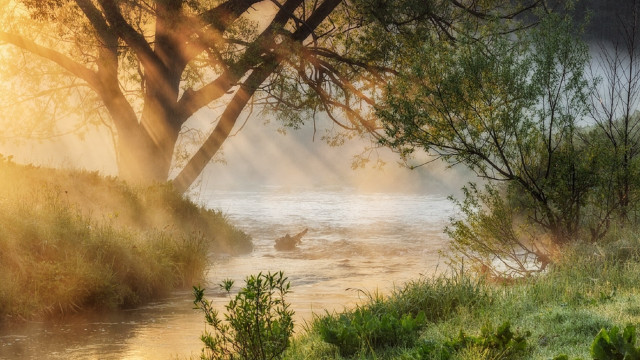 River boat trees sunbeams impressionist free wallpaper for desktop - medium preview image