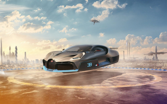 Futuristic car flying over city #2 free wallpaper for desktop - medium preview image