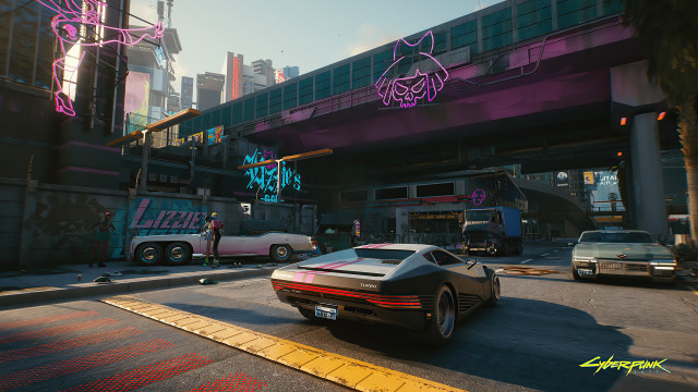 Car bridge graffiti neon retrowave free wallpaper for desktop - medium preview image