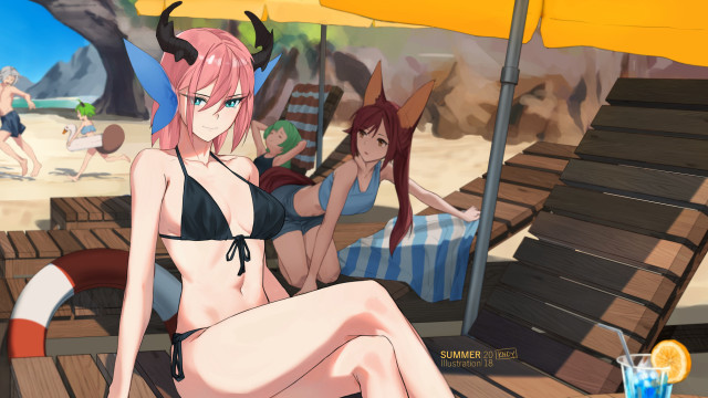 Beach bikini cocktail summer illustration free wallpaper for desktop - medium preview image