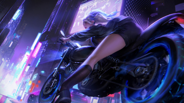 Futuristic city night neon motorcycle free wallpaper for desktop - medium preview image