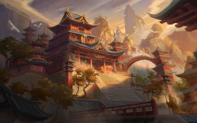 Chinese building bridge rainbow fantasy free wallpaper for desktop - medium preview image