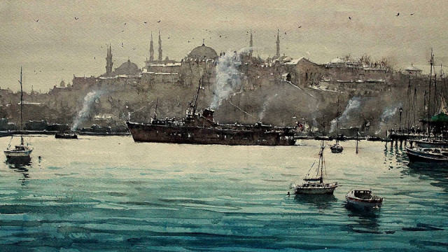 Harbor boats city smoke watercolor free wallpaper for desktop - medium preview image