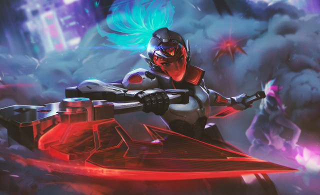 Futuristic man suit holding mecha free wallpaper for desktop - medium preview image