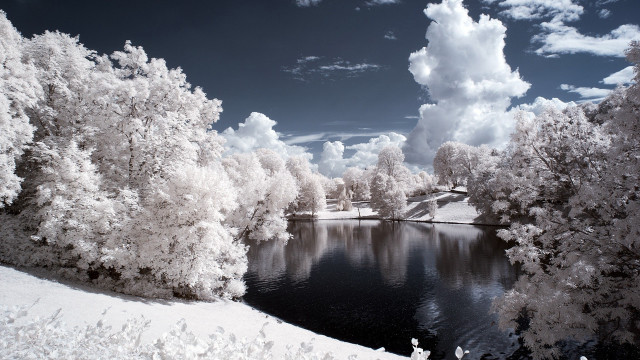 Lake trees snow clouds bridge free wallpaper for desktop - medium preview image