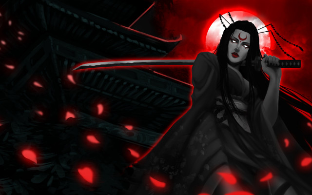 Woman sword red moon dark free wallpaper for desktop - medium preview image
