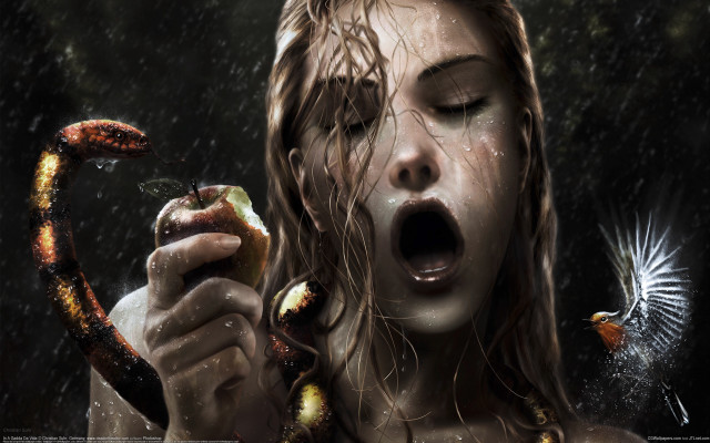 Woman snake bird gothic photorealistic free wallpaper for desktop - medium preview image