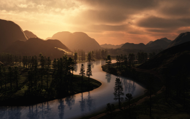 River forest sunset mountains cityscape free wallpaper for desktop - medium preview image