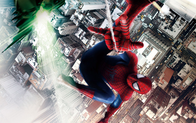 Spiderman flying city skyscrapers green free wallpaper for desktop - medium preview image