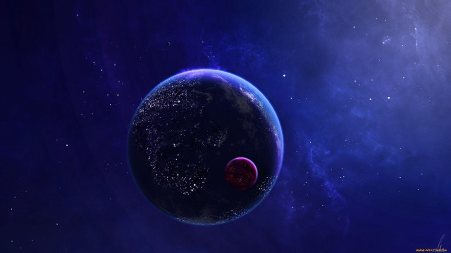 Blue planet red moon stars free wallpaper for desktop - medium preview image