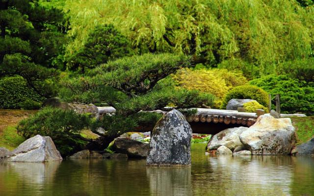 Pond rocks bridge trees tiltshift free wallpaper for desktop - medium preview image