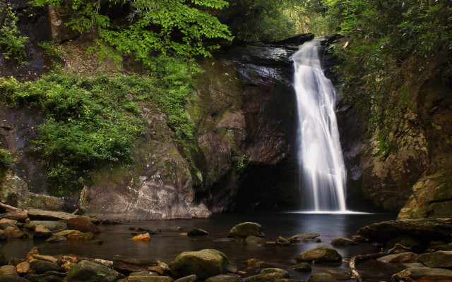 Waterfall rocks trees stream light free wallpaper for desktop - medium preview image