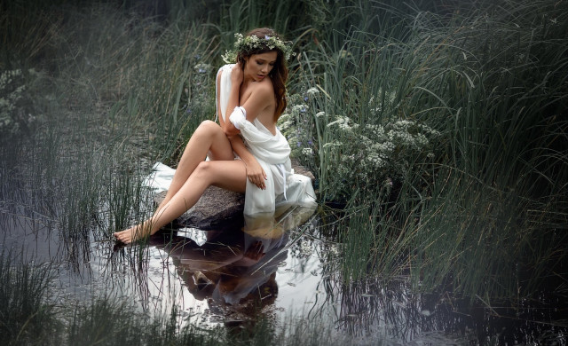 Woman white dress pond flowers free wallpaper for desktop - medium preview image