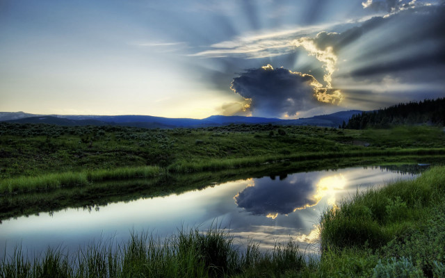 River sky clouds sunrays grass free wallpaper for desktop - medium preview image