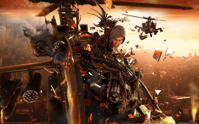 Futuristic suit debris cityscape plane free wallpaper for desktop - medium preview image