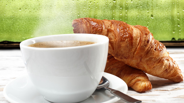 Coffee croissant saucer spoon table free wallpaper for desktop - medium preview image