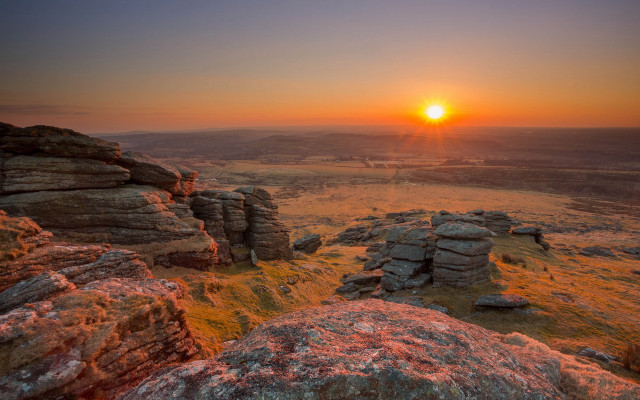 Sunset rocky landscape trees ocean free wallpaper for desktop - medium preview image