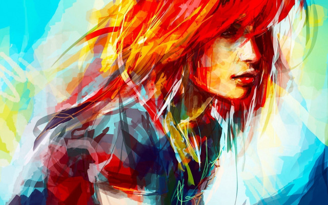 Red haired woman blue shirt free wallpaper for desktop - medium preview image