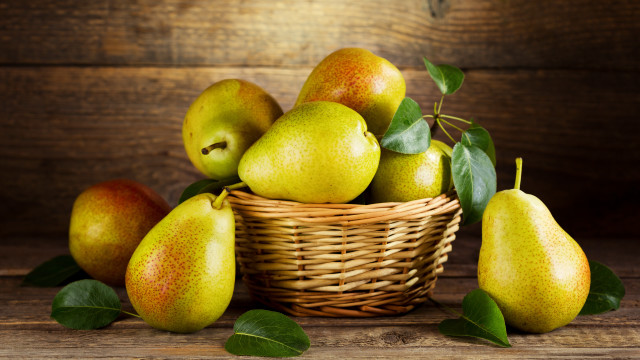 Pears basket wooden table leaves free wallpaper for desktop - medium preview image