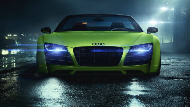 Green car wet street night free wallpaper for desktop - medium preview image
