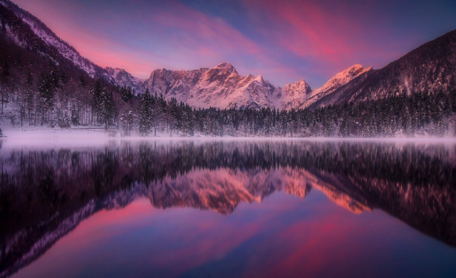 Mountain reflection sunset pink sky free wallpaper for desktop - medium preview image