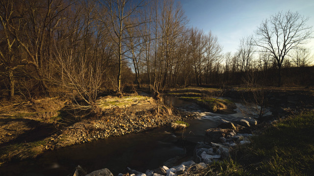 Forest stream autumn fireworks sunset free wallpaper for desktop - medium preview image
