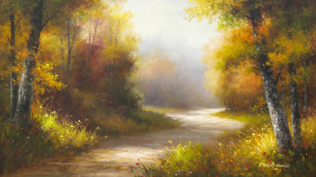 Forest path autumn leaves foggy free wallpaper for desktop - medium preview image