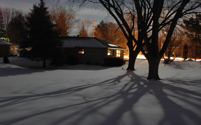 Snowy house night tree shadow free wallpaper for desktop - medium preview image
