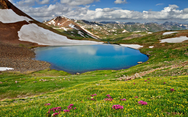 Blue lake mountains flowers sunny #2 free wallpaper for desktop - medium preview image