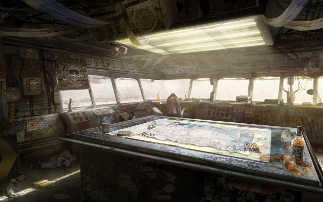 Man boat map indoors retrofuturism free wallpaper for desktop - medium preview image