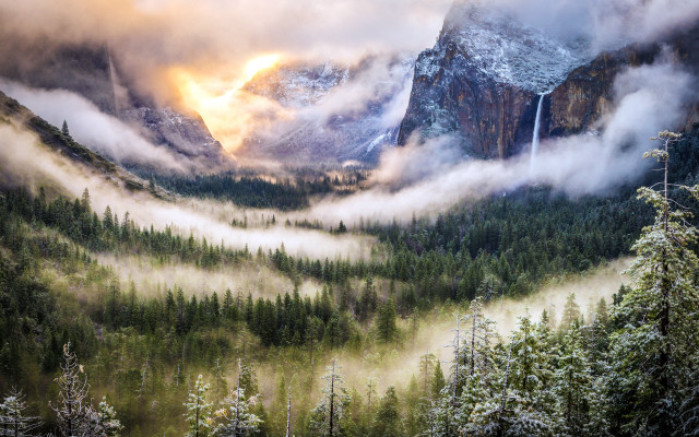 Mountain valley waterfall fog forest free wallpaper for desktop - medium preview image