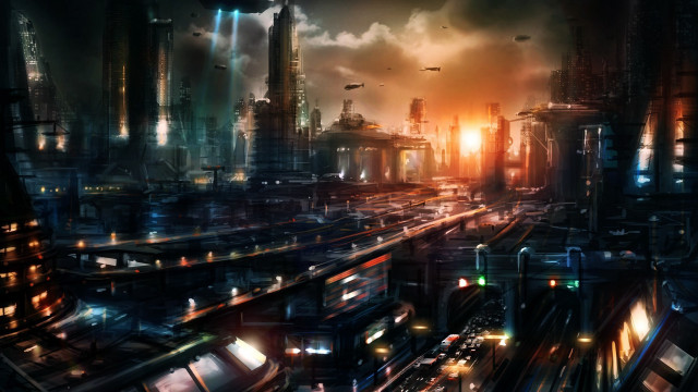 Futuristic city traffic lights nightscape free wallpaper for desktop - medium preview image
